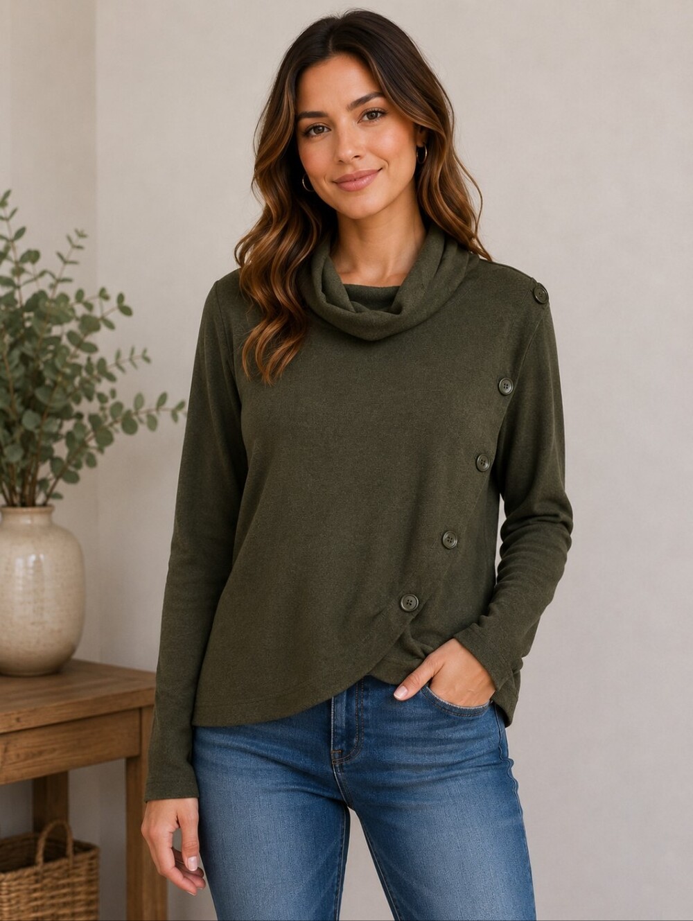 Scarlett Women's Olive Cardigan with Button Detail